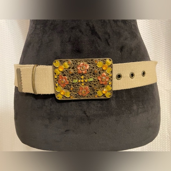 Canvas Beige 1 1/2” Belt Enamel Floral Filigree Buckle Boho Size M/L - Picture 7 of 7